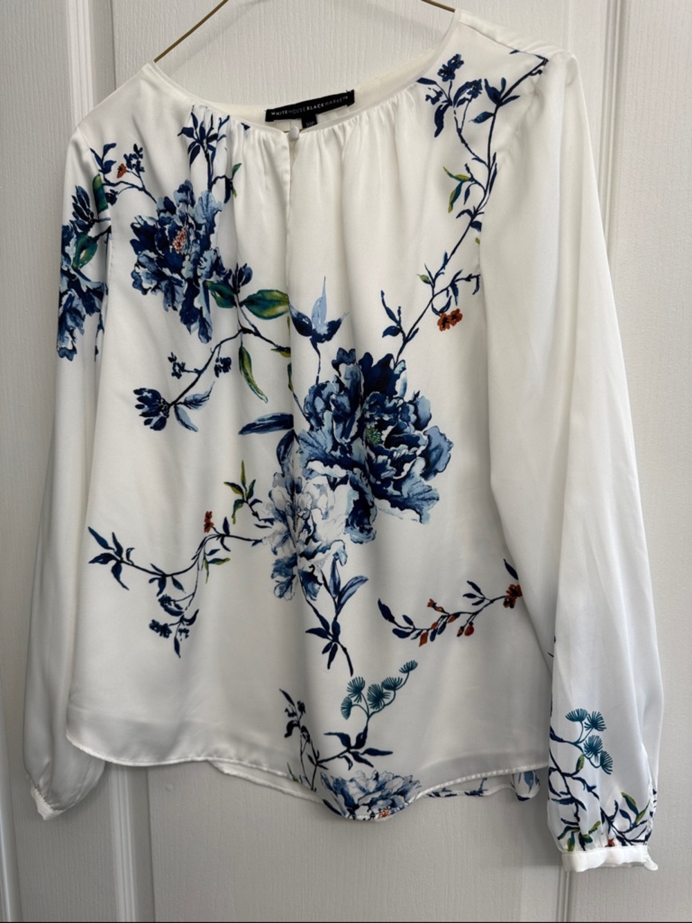 White Floral Long-Sleeve Blouse with Blue Print